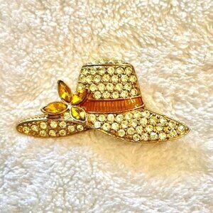 Vintage Monet Gold Tone Hat Pin w/ Clear & Amber/Orange Rhinestones